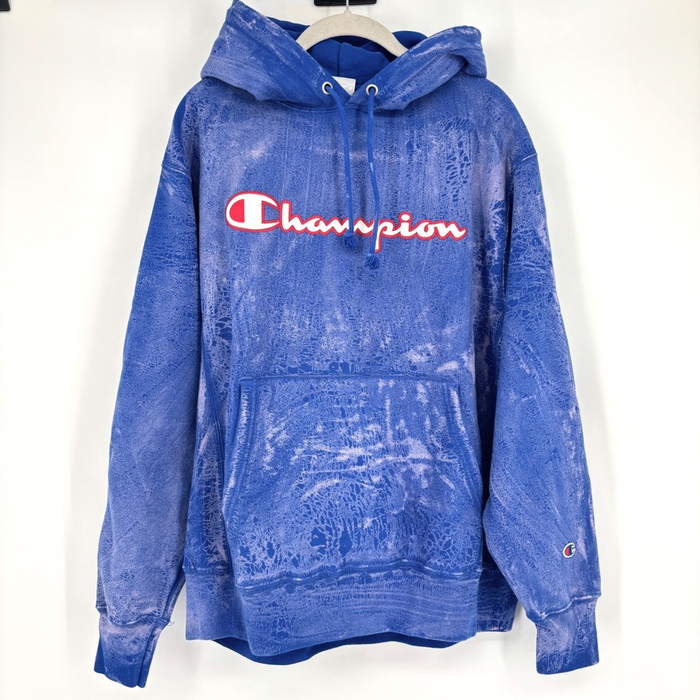 NWT Champion Reverse Weave Flaucy Fits Custom Acid‎ Wash Hoodie Sz Large Blue